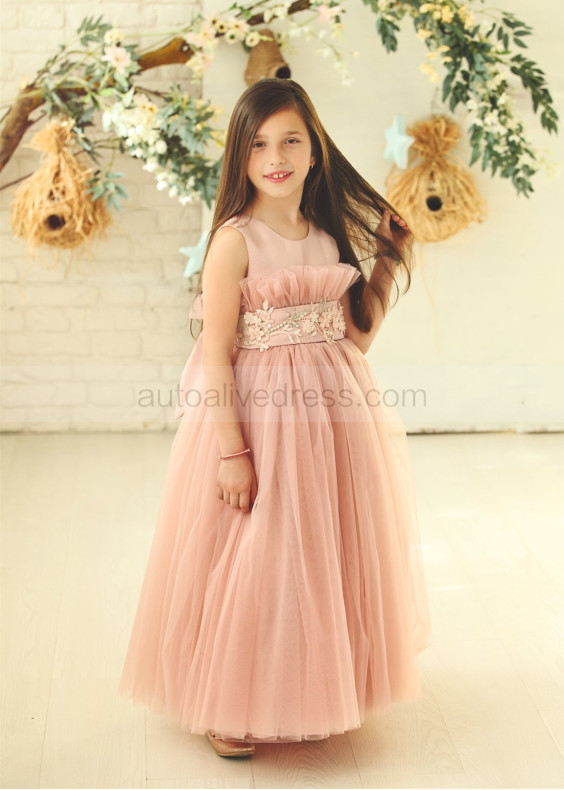 Mauve Satin Tulle Empire Waist Ruffle Flower Girl Dress